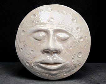 Bruciatore di incenso in ceramica a forma di volto di luna / Scultura in due pezzi con lucentezza perlacea