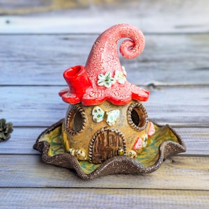 Whimsical Ceramic Fairy House Candle Holder | Handmade Mushroom Cottage with Red Hat Roof | Unique Handmade Home Decor for Aromatherapy