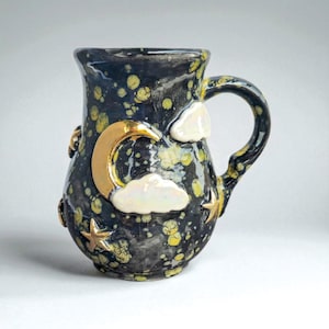 Handmade Black Ceramic Mug – Celestial Sky Design – Gold Accent Coffee Cup–Galaxy Inspired Mug – Gold Star Black Cup