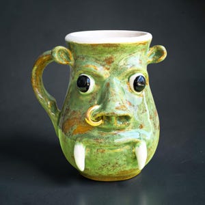 Green Monster Mug with 24K Gold Nose Ring | Hand Sculpted Ceramic Art Cup | OOAK Collectible Whimsical Fantasy Creature Pottery Sculpture
