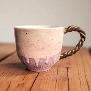 Pink Ceramic Mug with Twisted Handle – Copper Accent Handmade Pottery – Unique Coffee Cup – Cute Tea Lover Gift