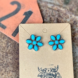 Turquoise Floral Cluster Stone Western Stud Earrings , Southwestern Jewelry image 1