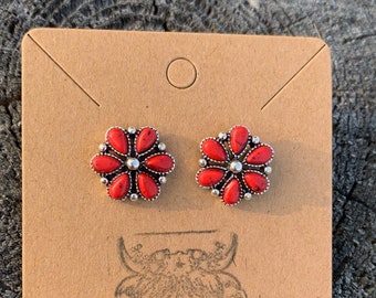 Western Red Floral Stone Stud Earrings , Cowgirl Jewelry