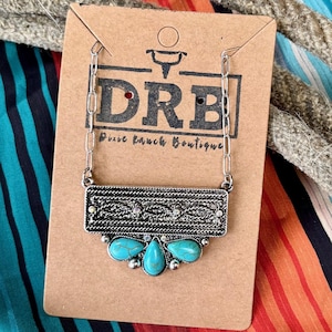 Faux Turquoise Stone Western Cowboy Boot Toe Stitch Bar Pendant Necklace