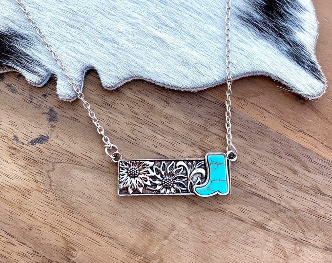 Western Tooled Bar Necklace with Faux Turquoise Stone Cowgirl Boot , Jewelry