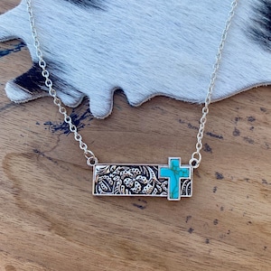 Western Tooled Bar Necklace with Faux Turquoise Cross Stone