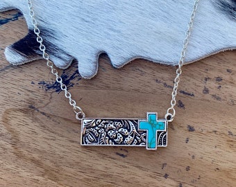 Western Tooled Bar Necklace with Faux Turquoise Cross Stone