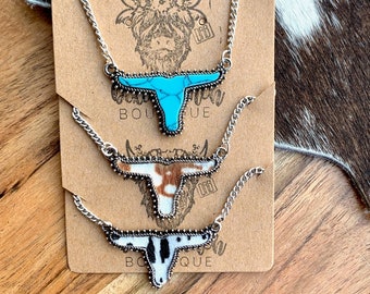 Western Long Horn Necklace Faux Cowhide , Faux Turquoise Stone Cow Head Jewelry