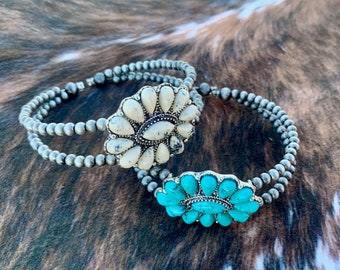Large Faux Cluster Stone Floral Faux Navajo Bead Western Bracelet , Turquoise or Cream