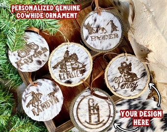 Genuine Cowhide Personalized Laser Engraved Christmas Tree Ornament , Custom Name Engraved Cowhide Tags