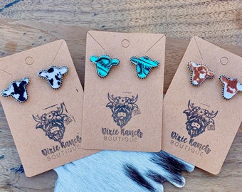 Cow Head Stud Earrings , Faux Cowhide and Turquoise Tooled Leather Western Earrings