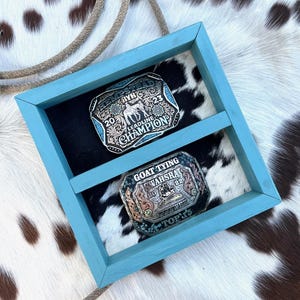 2 Buckle Display Awards Shelf , Belt Buckle Awards Case 10&quot;x10&quot; Teal Wood Framed Cowhide