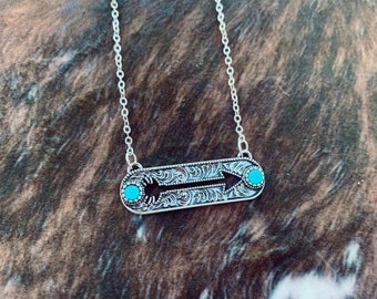 Hollow Arrow Cut Tooled Western Pendant Necklace with Faux Turquoise Stone