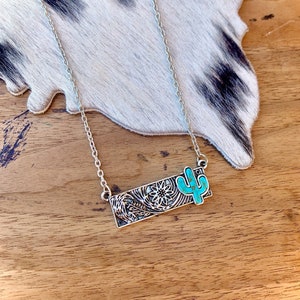 Western Tooled Bar Necklace with Faux Turquoise Cactus Stone Jewelry