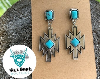 Aztec Western Silver Dangle Earrings with Faux Turquoise Stone / Western Jewelry / Cowgirl Earrings