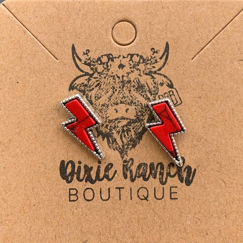 Western Punchy Red Lightning Bolt Stud Earrings Cowgirl Etsy