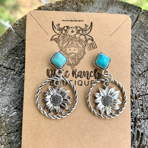 Western Sunflower Dangle Earrings , Cowgirl Jewelry , Faux Turquoise Stone