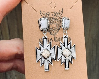 Aztec Western Silver Dangle Earrings with Faux Cream Stone , Western Jewelry , Cowgirl Earrings