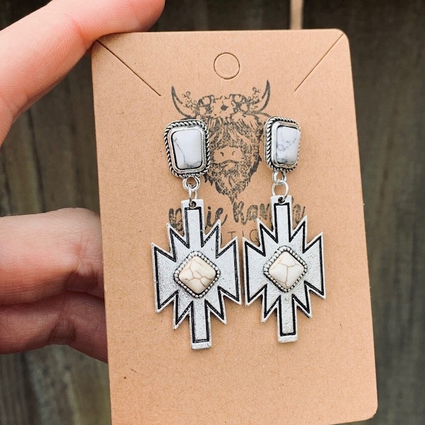 Aztec Western Silver Dangle Earrings with Faux Cream Stone , Western Jewelry , Cowgirl Earrings