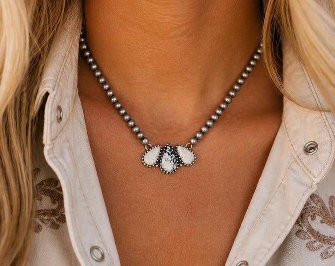 White Cream Cluster Stone Necklace with Navajo Bead Western Necklace