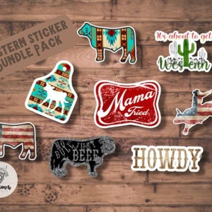 Western Bundle Pack of Decal Stickers , Bull , Cowhide , Mama Tried , American Flag , Bucking Bull , Its About to get Western