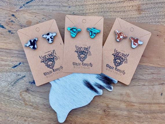 Cow Head Stud Earrings , Faux Cowhide and Turquoise Tooled Leather Western Earrings