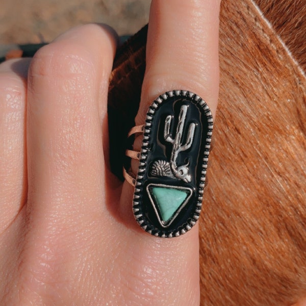 Western Oversized Statement Ring , Faux Turquoise Stone , Cactus with Desert Skull
