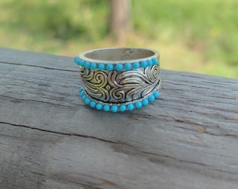 Tooled Western Ring with Turquoise Beads , Cowgirl Jewelry , Ring size 6.5