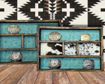 Handcrafted Genuine Cowhide 10 - 12 Belt Buckle Award Display Shelf Case w Faux Turquoise Leather