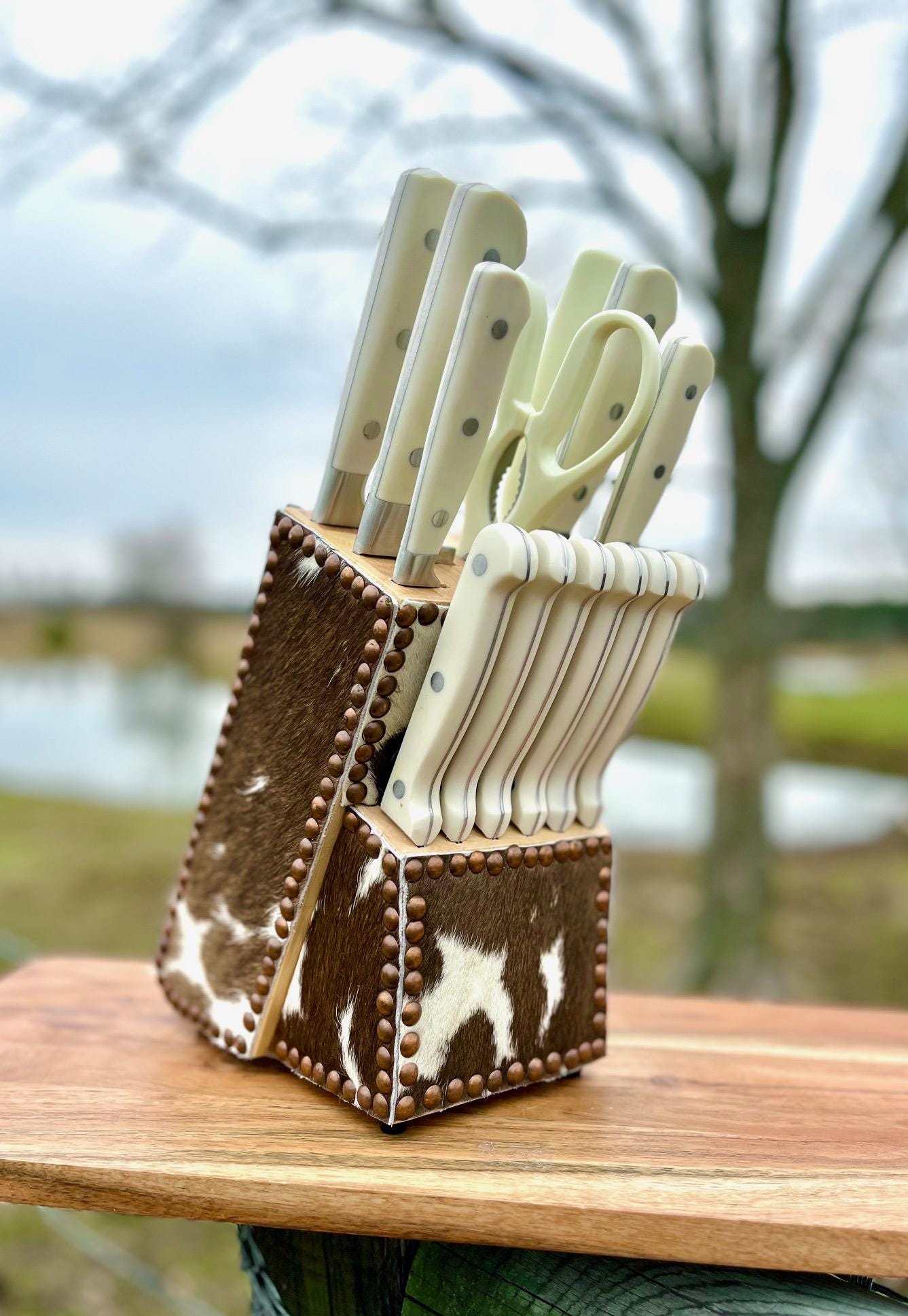 Custom Western Cowhide Knife Block Set With Genuine Hair on Hide