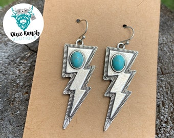 Western Lightning Bolt Drop Earrings / Silver with Faux Turquoise Stone