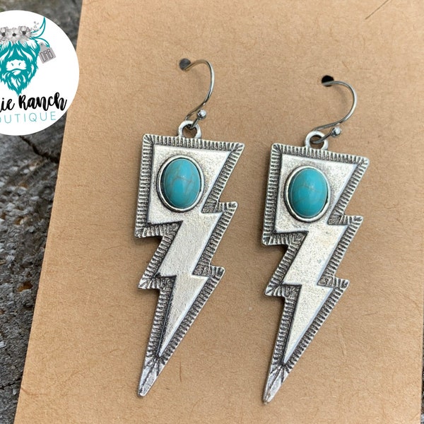 Western Lightning Bolt Drop Earrings / Silver with Faux Turquoise Stone