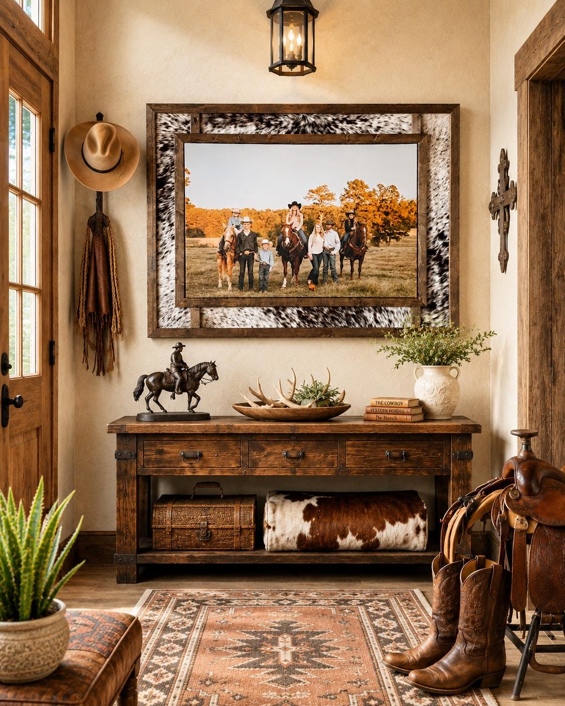 Large Custom Built Genuine Cowhide and Wood Photo Frame for Canvas