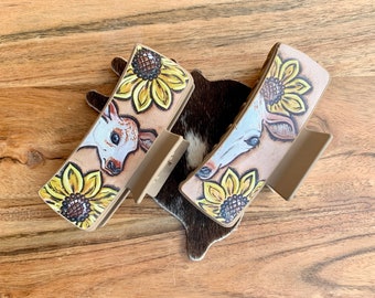 4 inch Western Cow Sunflower Sublimation Print Tooled Leather Hair Claw Clip Calf Hair Accessory