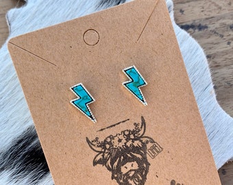 Western Faux Turquoise Lightning Bolt Stud Earrings , Cowgirl Jewelry