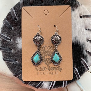 Western Boho Drop Earrings / Faux Silver and Turquoise Stone Jewelry