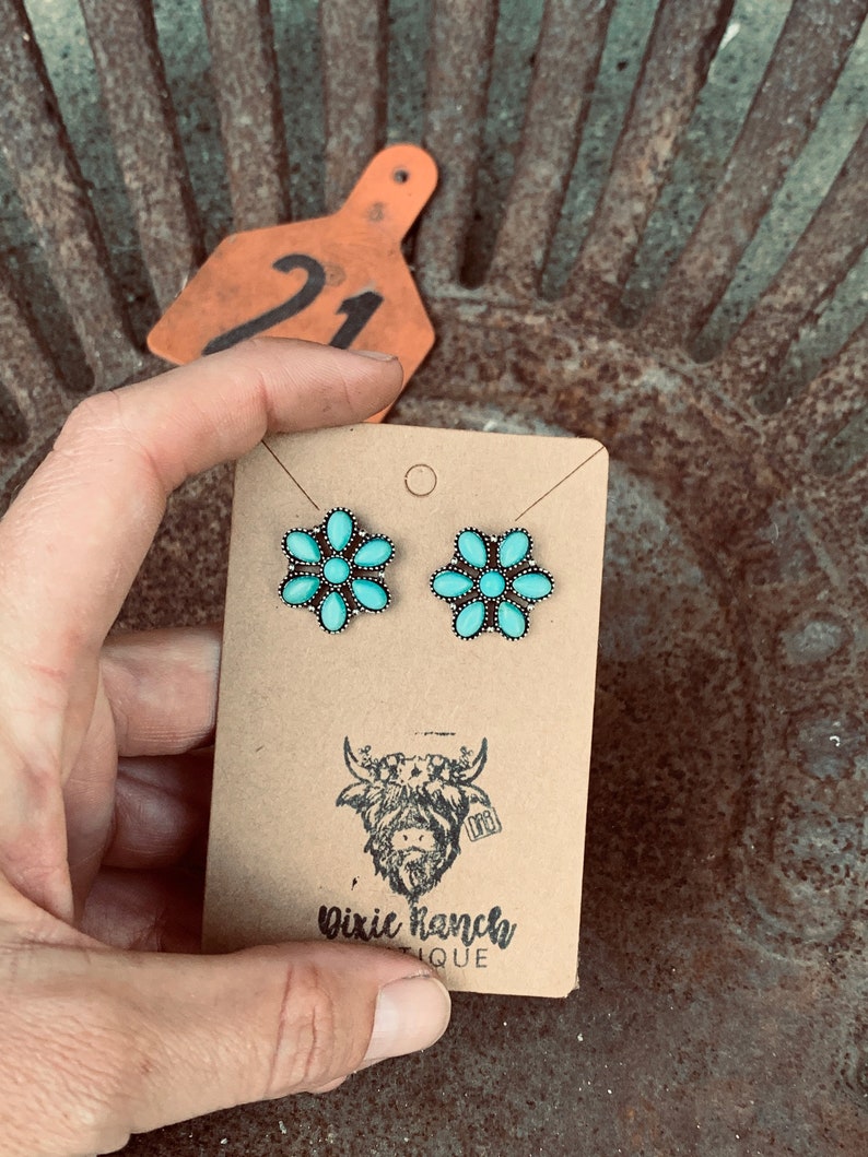 Turquoise Floral Cluster Stone Western Stud Earrings , Southwestern Jewelry image 3