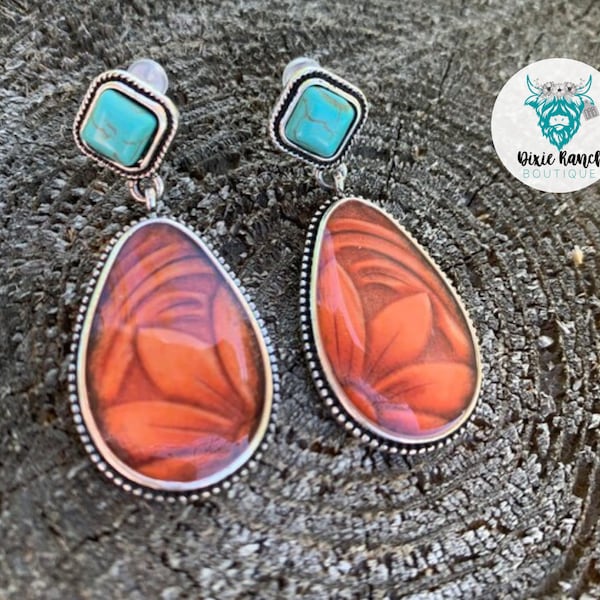 Western Faux Tooled Leather and Turquoise Stone Charm Teardrop Earrings