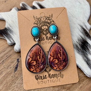 Western Cactus Faux Tooled Leather Sublimation Dangle Earrings with Faux Turquoise Stones , Jewelry
