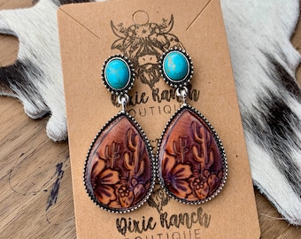 Western Cactus Faux Tooled Leather Sublimation Dangle Earrings with Faux Turquoise Stones , Jewelry