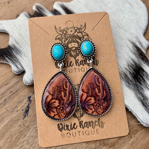 Western Cactus Tooled Leather Sublimation Dangle Earrings with Faux Turquoise Stones , Jewelry