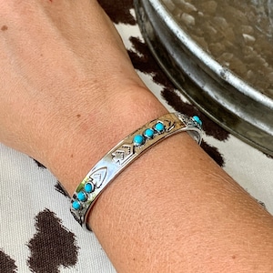 Western Silver Arrow Cuff Bracelet with Faux Turquoise Stones