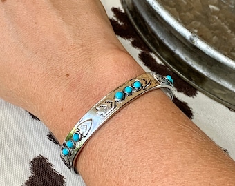 Western Silver Arrow Cuff Bracelet with Faux Turquoise Stones