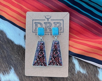 Western Dangle Earrings featuring Faux Turquoise Stone and Tooled Design