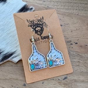 Western Cow Tag Stamped Sunflower and Faux Turquoise Stone Drop Earrings