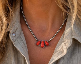 Red Cluster Stone Necklace with Navajo Bead Western Necklace