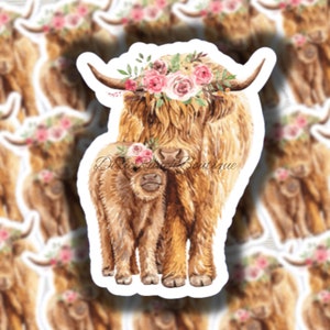 Cute Highland Cow Floral Decal Sticker // Cow and Calf // Cute Shaggy Cow Vinyl Decal Sticker
