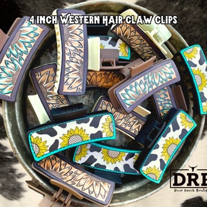 Western 4 Inch Hair Claw Clips , Faux Tooled Leather Sublimation Printed , Sunflowers and Cow Print Hair Accessory Clip