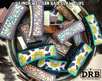 Western 4 Inch Hair Claw Clips , Faux Tooled Leather Sublimation Printed , Sunflowers and Cow Print Hair Accessory Clip
