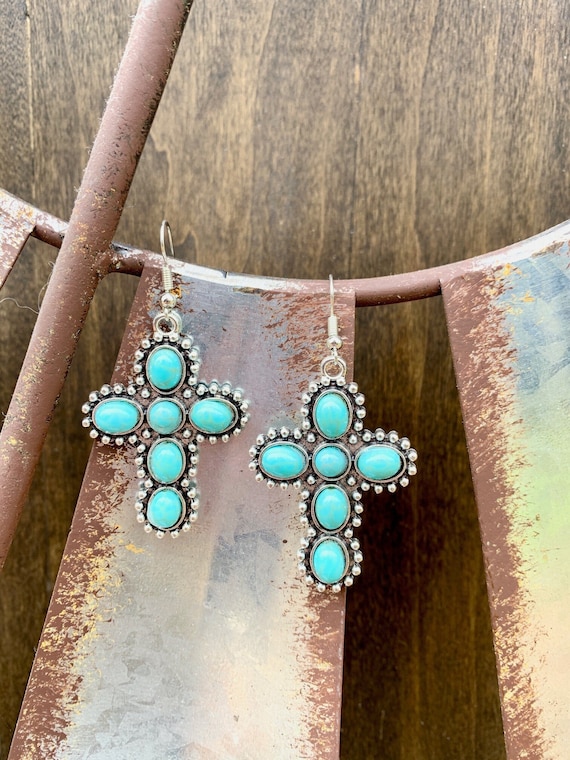 Western Faux Turquoise Stone Cross Drop Earrings